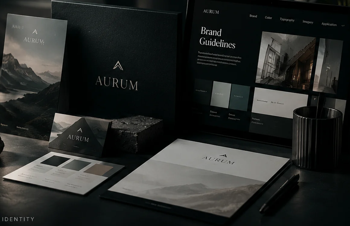 Illustrative identity presentation with branded stationery, palette and brand guidelines
