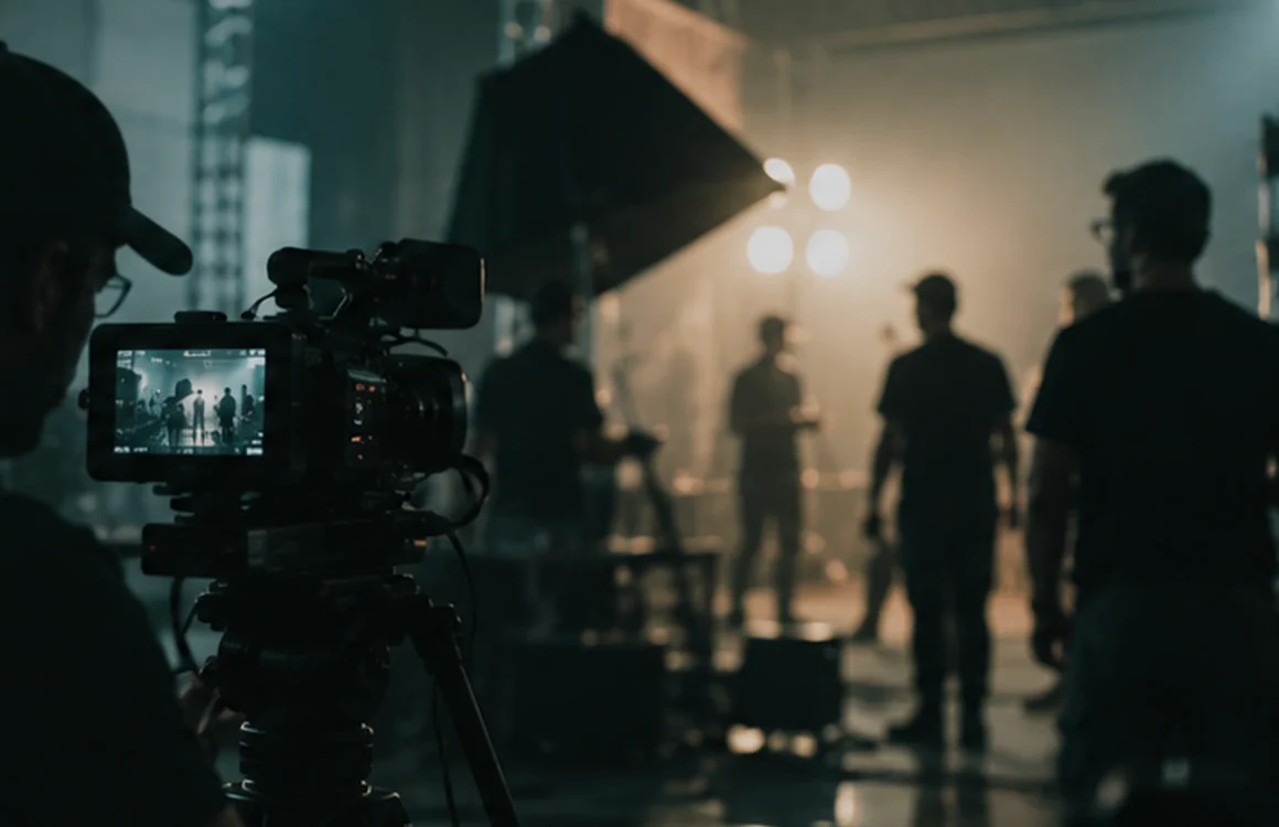 Illustrative cinematic production set featuring camera equipment and studio lighting