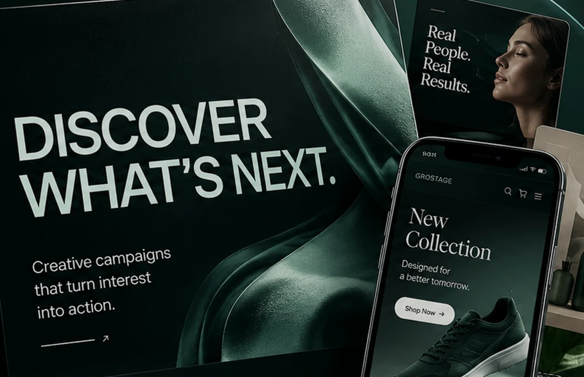 Illustrative product advertisement with campaign graphics and shopping mockup