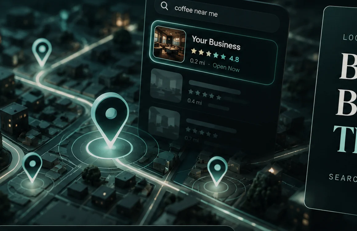 Illustrative location search interface over a night-time map with business discovery results
