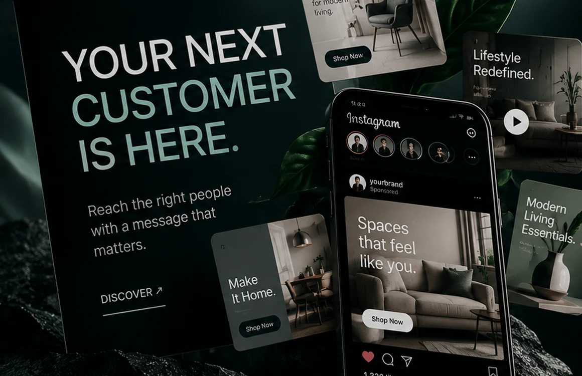 Illustrative social media campaign with mobile feed and multiple content formats